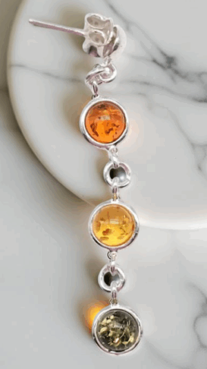Boucle d'oreille pendante rond ambre (#06)