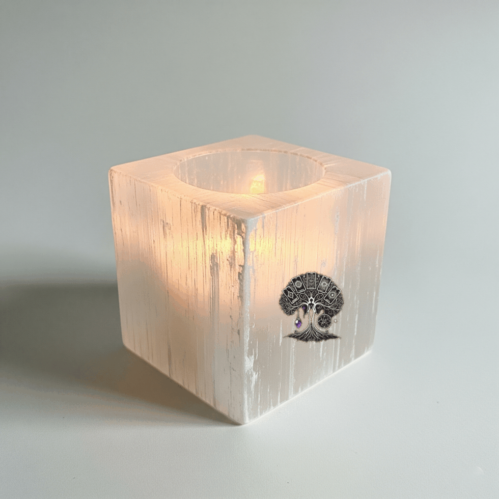Bougeoir Sélénite Carré 8cm. Pierre naturelle du Maroc pour une ambiance zen. Idéal pour petites bougies chauffe-plat. Purifie l'espace et apporte sérénité.